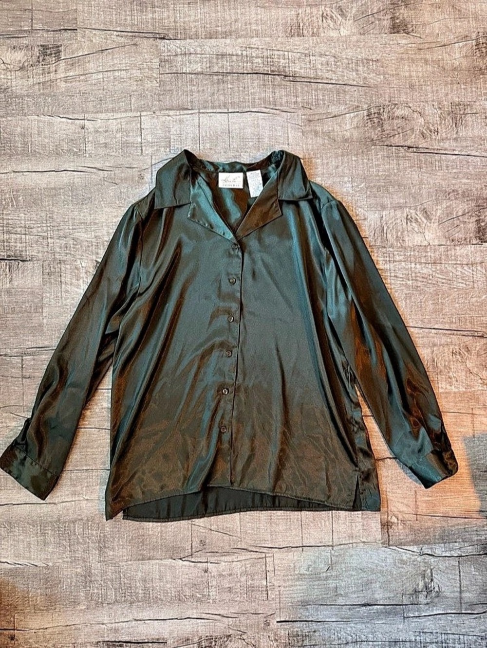 Vintage Forest Green faux silk button up shirt